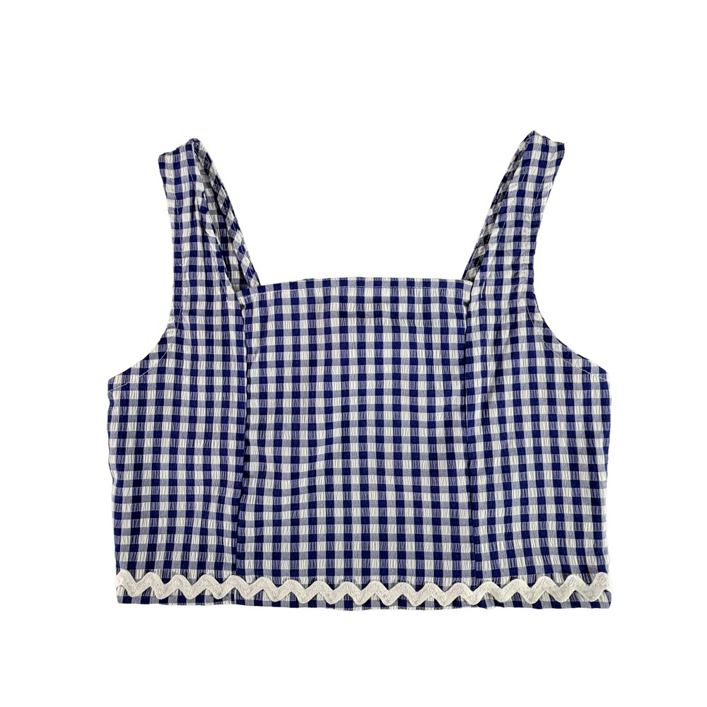 Honey & Sparkle Girls L Blue White Gingham Smocked Crop Tank Top Ric Rac NWT